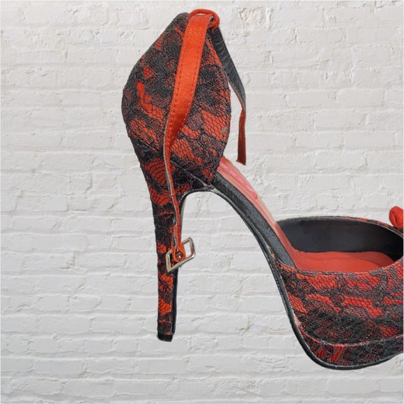 NEW BORDELLO -- Platform Stilettos, Red Satin w/Black Lace Overlay, Peep Toe - Picture 5 of 11